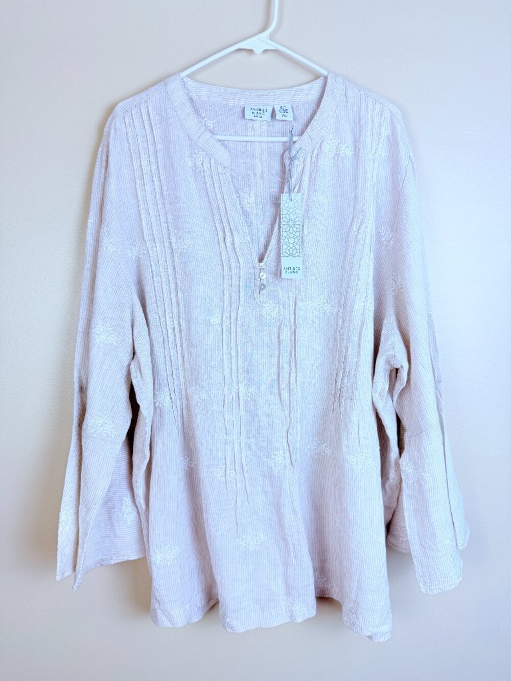 NWT Antibes Blanc 100% Linen Embroidered Tunic Top Long Sleeve Blouse